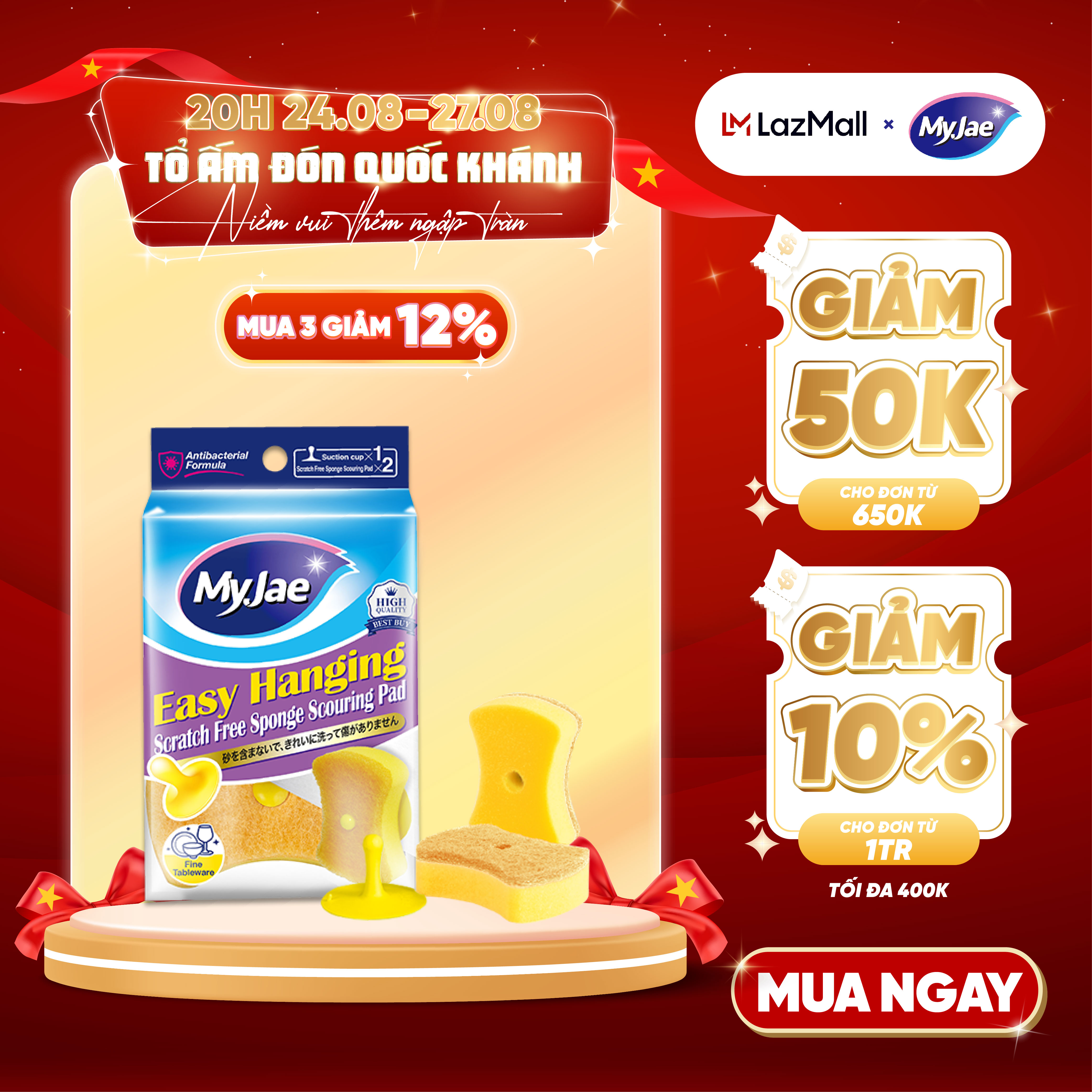 Miếng bọt biển rửa chén MyJae 2 mặt, mút xốp rửa bát đa năng kèm miếng nhựa hít kê 11.3cm x 7.8cm x 3cm (2 miếng/gói)