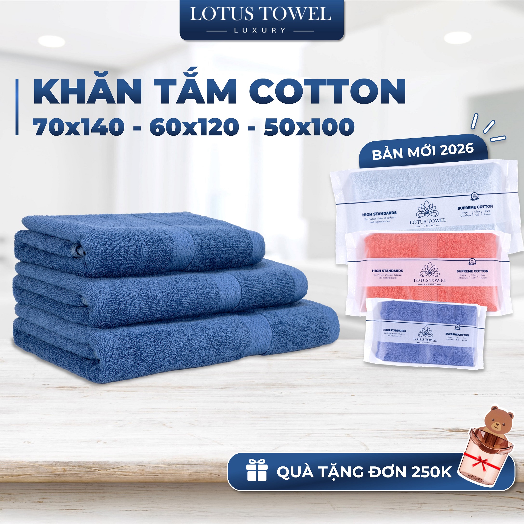 Khăn Tắm Châu Âu 70x140cm, 60x120cm, 50x100cm LOTUS TOWEL , 100% Cotton Mềm Mịn Thấm Hút Không Ra Mà