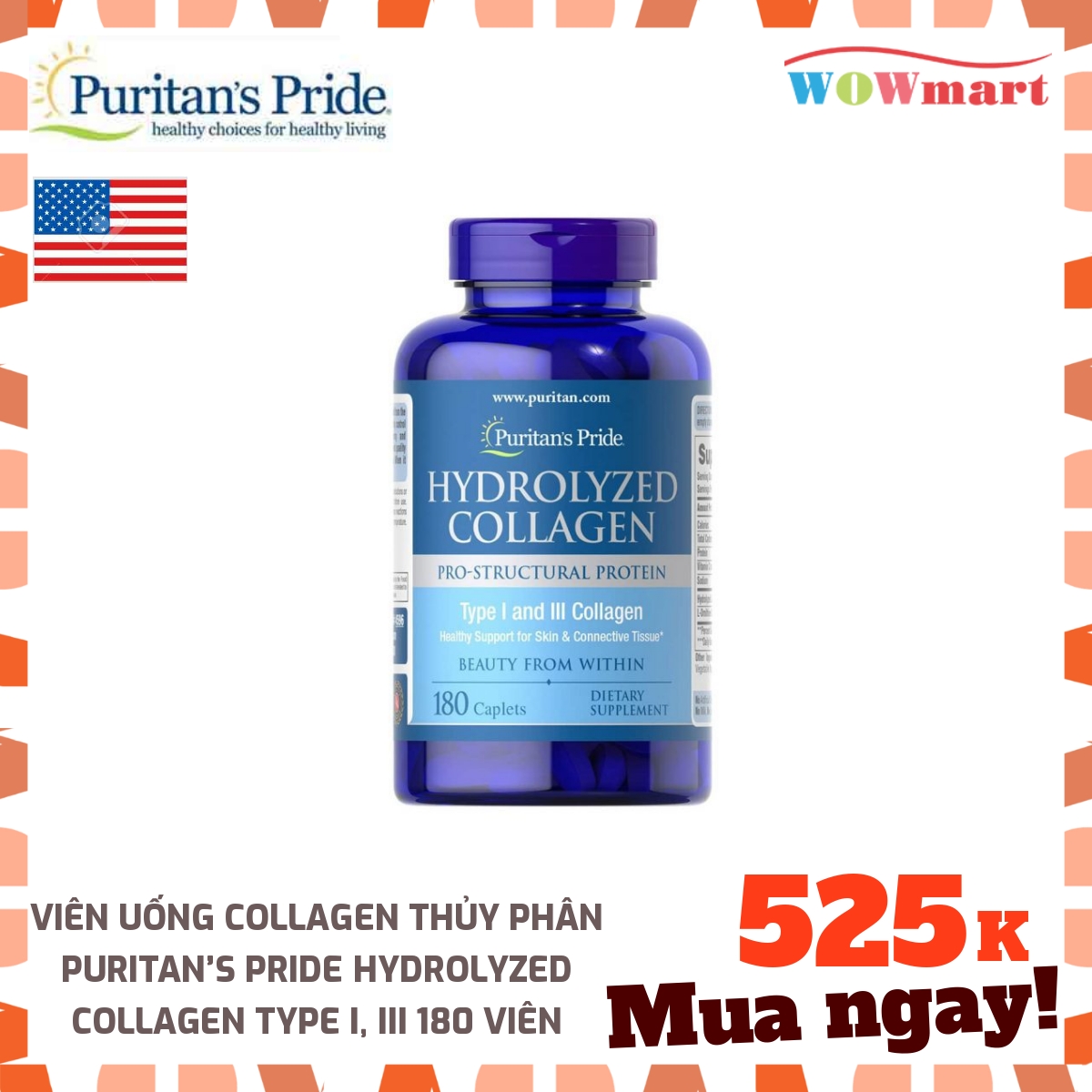 Viên uống Collagen thủy phân Puritan’s Pride Hydrolyzed Collagen Type I, III 180 viên -