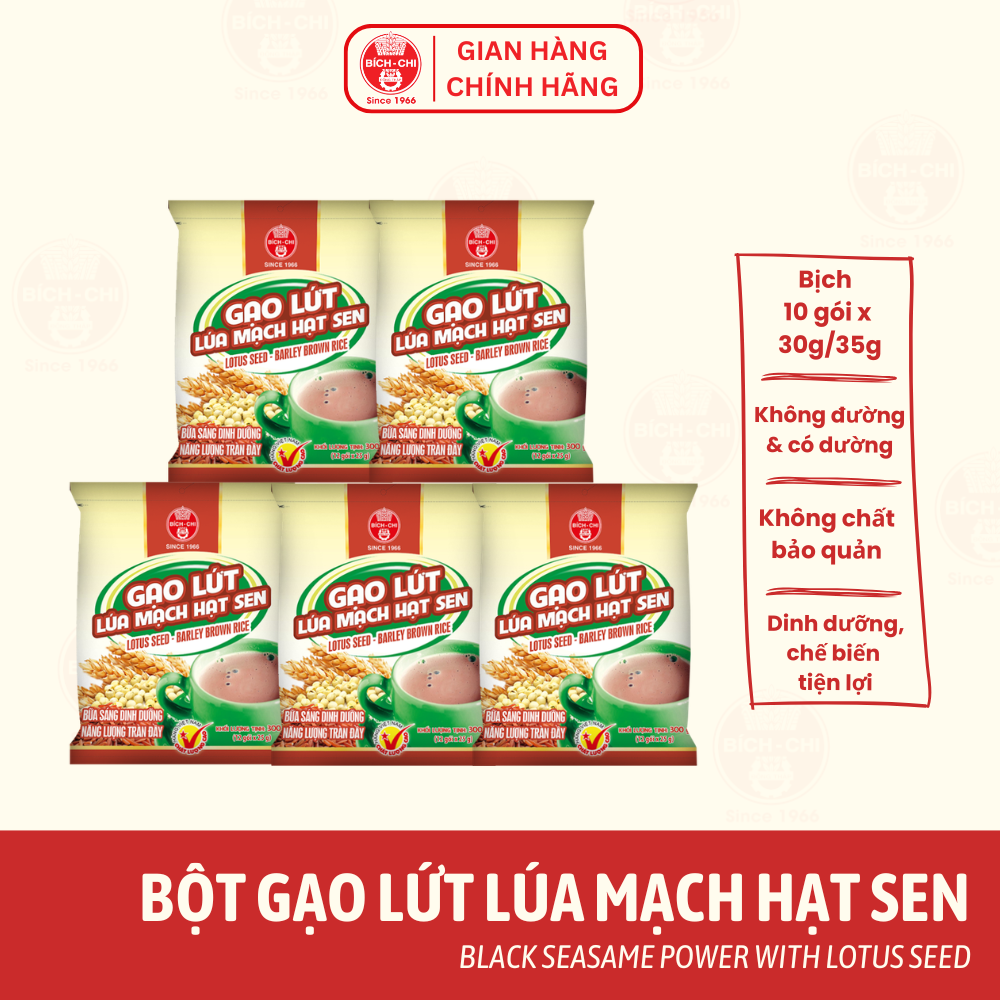 Combo 5 Bịch Bột Gạo Lứt Lúa Mạch Hạt Sen Bích Chi - Không Đường và Có Đường - (Bịch 10 Gói Lẻ)