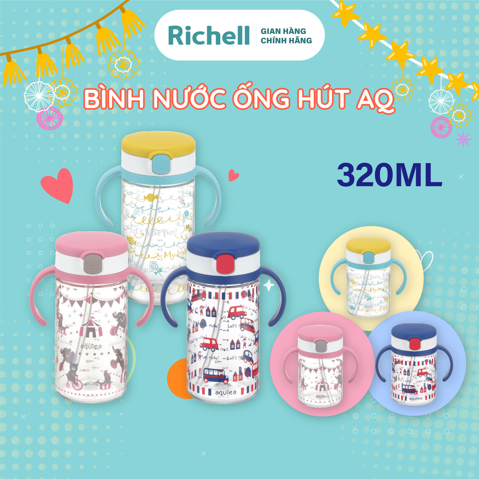 Bình ống hút richell aq 320ml chống sặc | baby