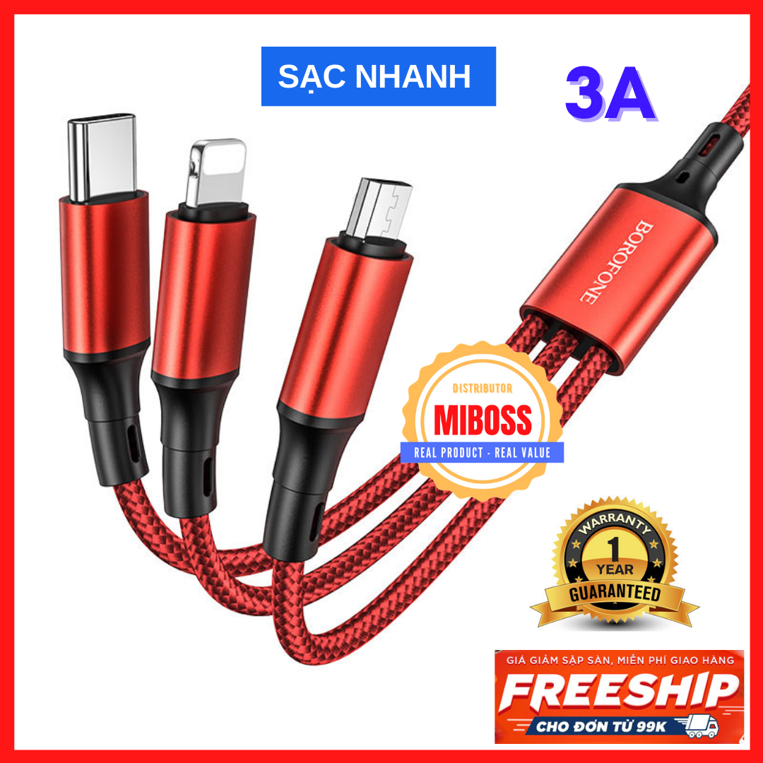 Cáp sạc nhanh 3 đầu MIBOSS X50 bảo hành 12 tháng cap sac nhanh 3 dau sạc iphone sạc samsung xiaomi sạc type c dien thoai micro lightning