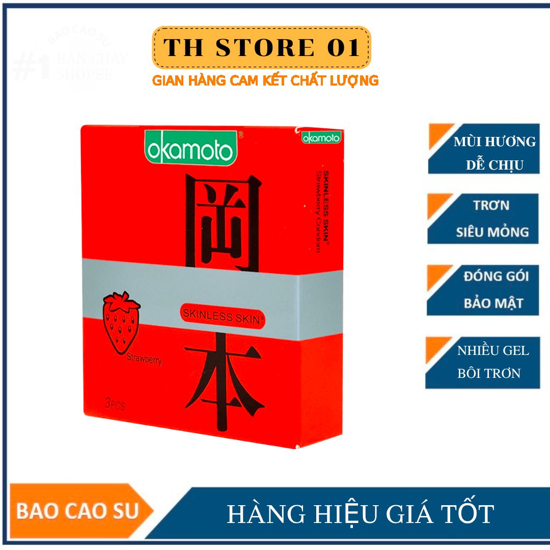 Bao Cao Su Okamoto Strawberry [CHÍNH HÃNG] hương dâu (3bao/Hộp), Nhật Bản,Siêu mỏng kich thích với hương dâu TH STORE 01