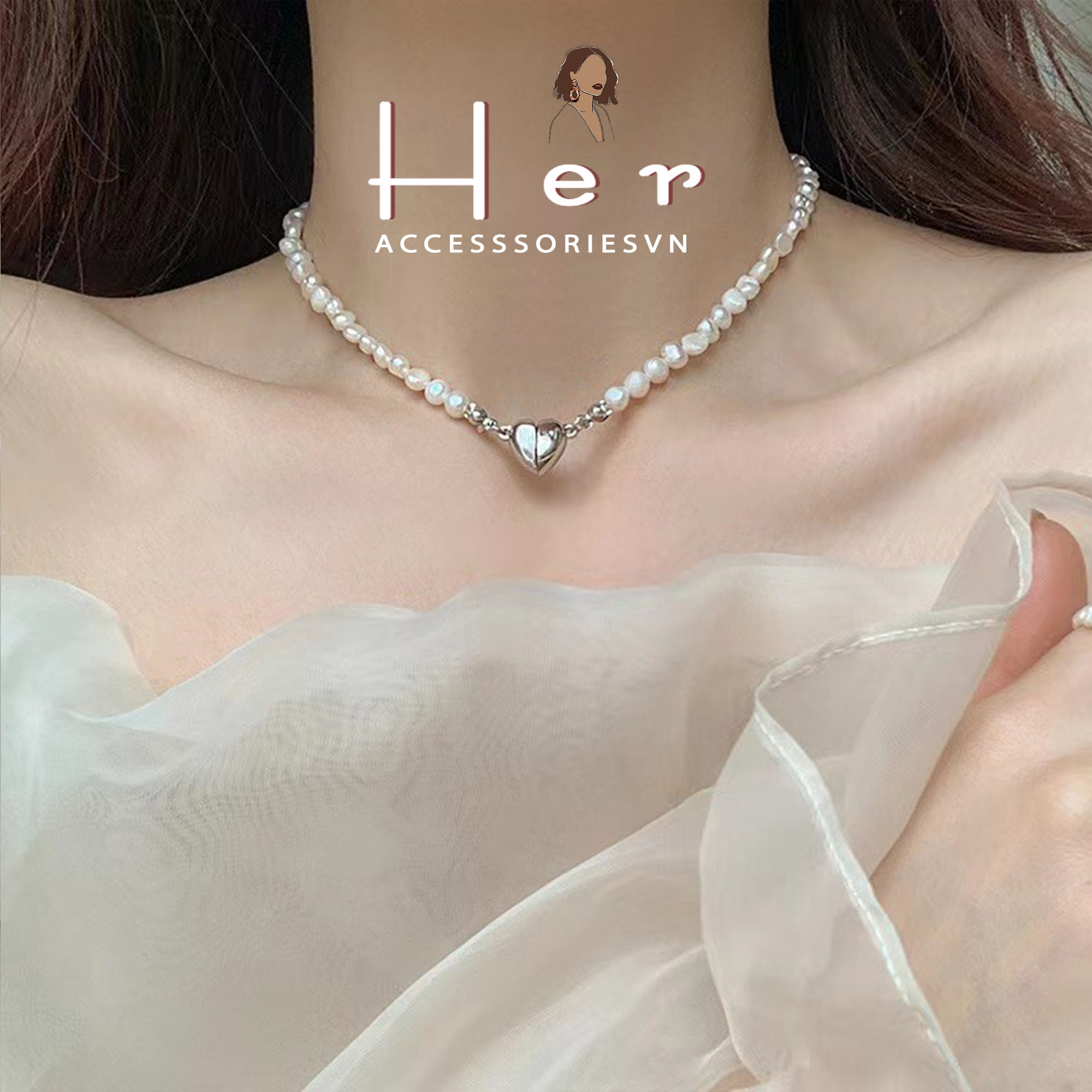 Dây chuyền nữ, vòng cổ chocker ngọc trai mặt trái tim phong cách Vintage Her Jewelry C44
