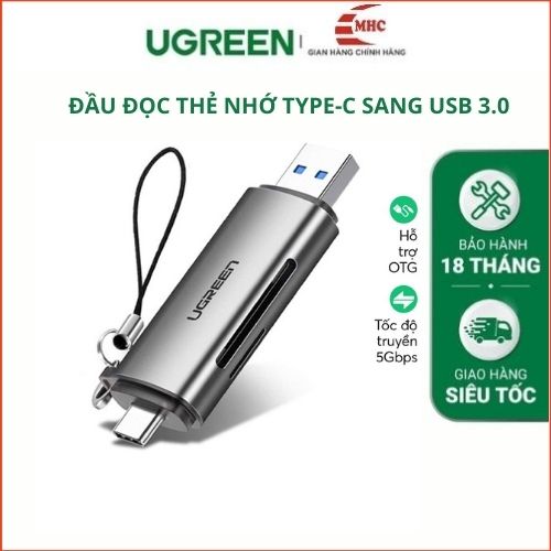 Đầu đọc thẻ usb type c với 2 khe thẻ cắm sd và otg ugreen cao cấp, hàng chính hãng