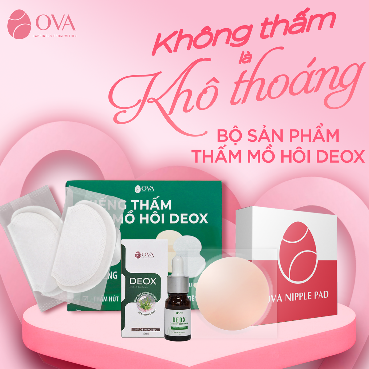 Set quà tặng Ova - Combo Miếng dán ngực Ovapink, Serum hôi nách Ova Deox, Miếng dán thấm mồ hôi nách Ova Deox