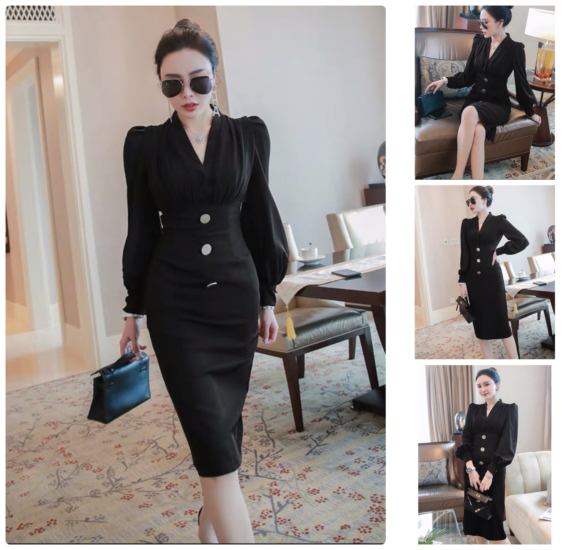 ĐẦM ÔM ĐEN TAY PHỒNG SANG TRỌNG (S - XXL)