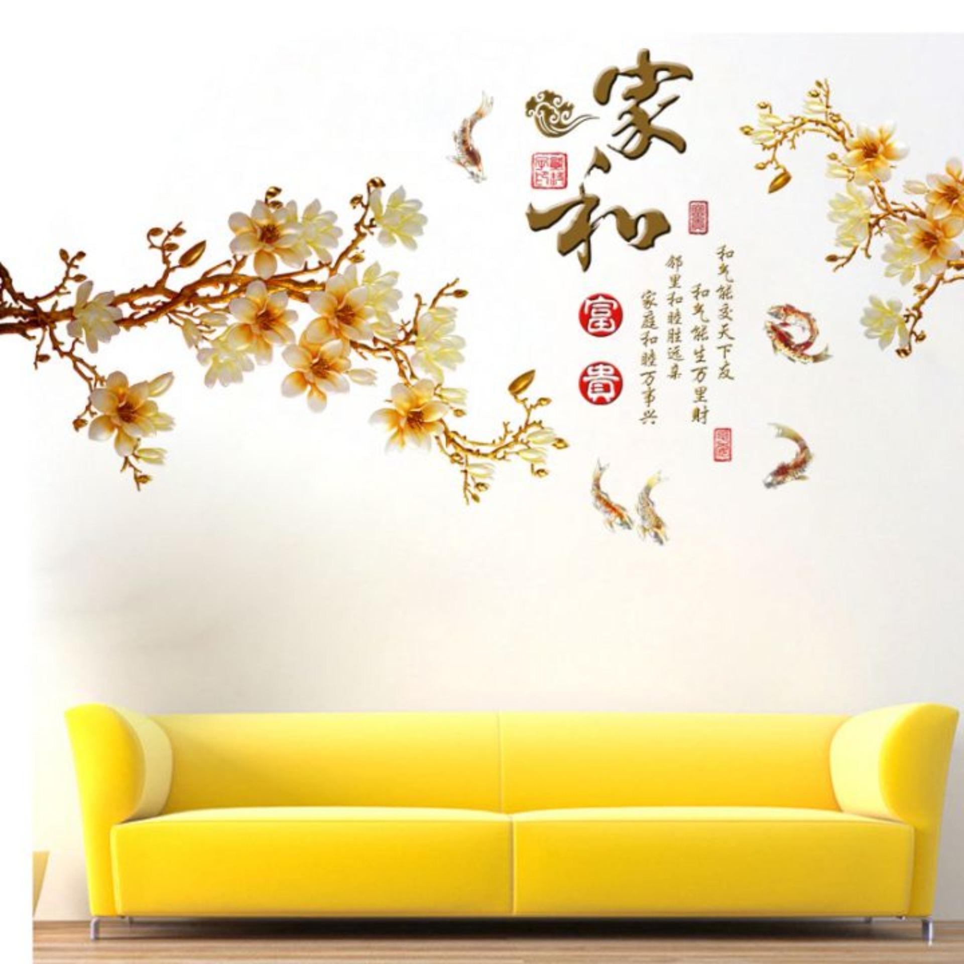 Decal dán tường Hoa mai và chữ thư pháp trang trí phòng khách sang trọng DH082(80 x 145cm)