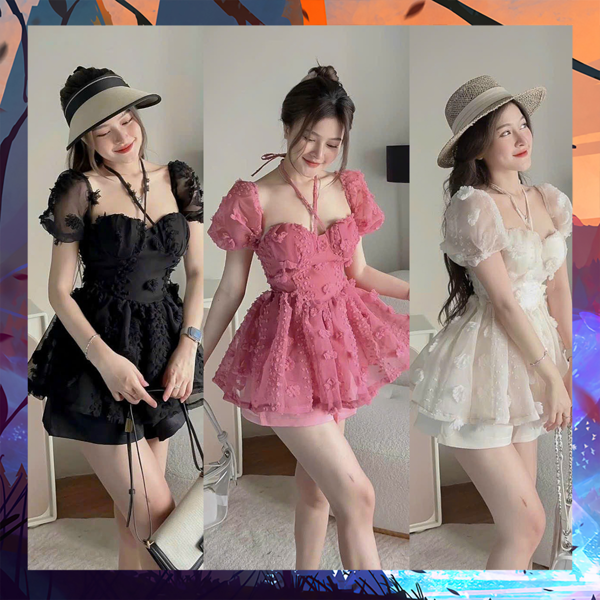 Set bộ bông nổi cột nơ cổ thân sau moking có mút ngực có lót - thời trang hoa anh đào