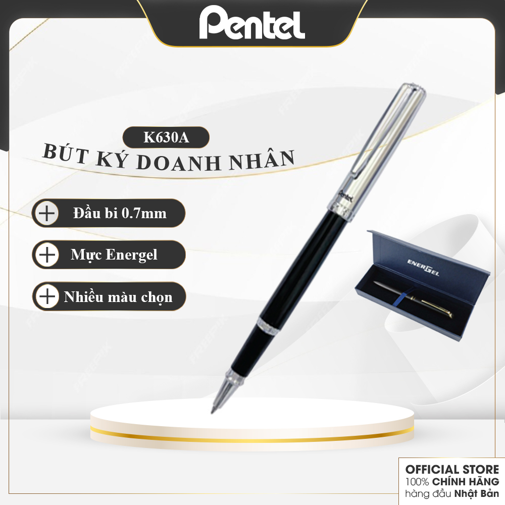 Bút Ký Doanh Nhân Cao Cấp Mực Gel Energel Pentel Nhật Bản K630 Ngòi 0.7mm, Mực Xanh Thân Kim Loại Sang Trọng Và Có Ruột Thay Thế, Bán Kèm Hộp Quà Tặng