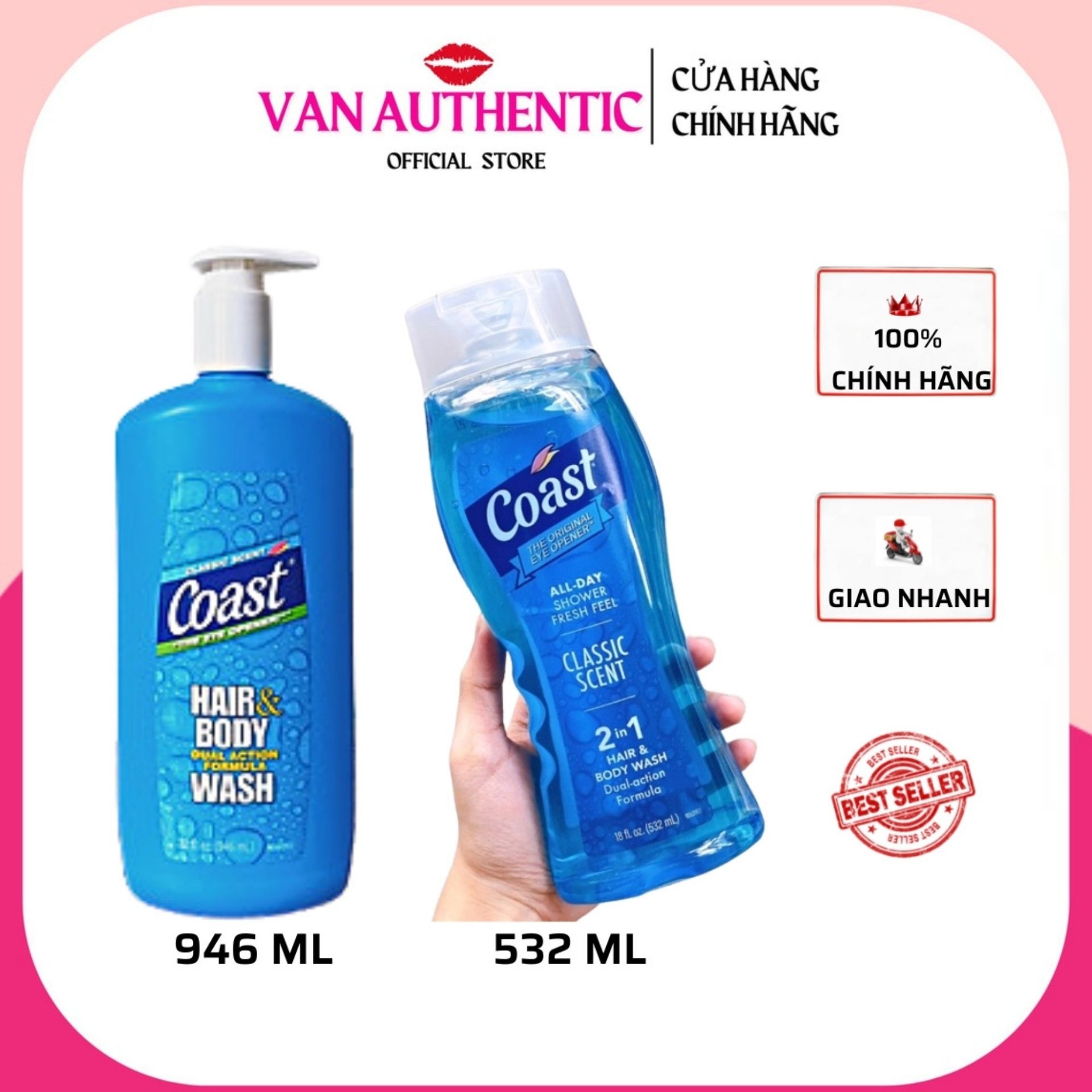Sữa tắm gội 2 in 1 coast hair & body wash 532ml usa
