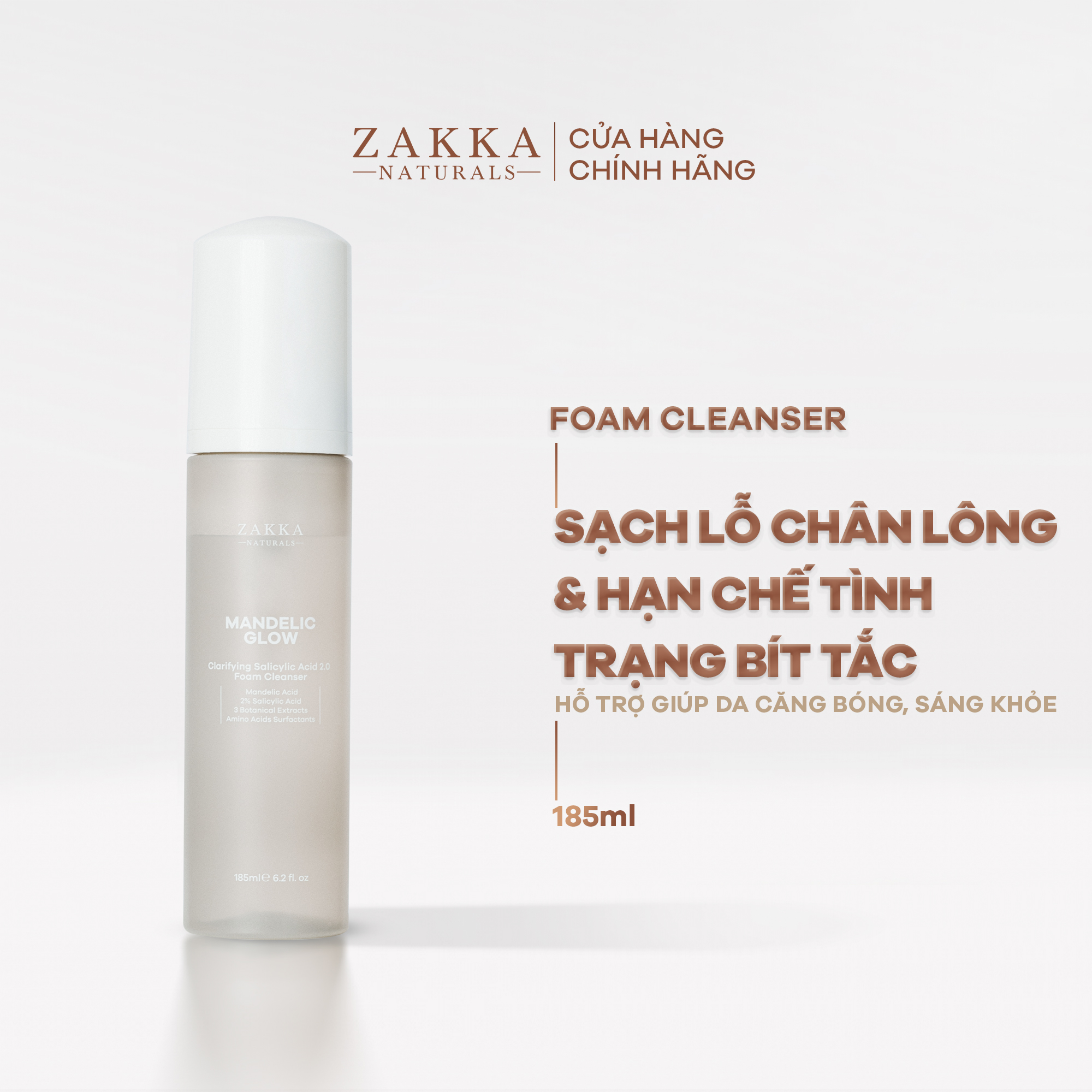 Sữa Rửa Mặt Tạo Bọt Zakka Naturals BHA AHA Mandelic Glow Foam Cleanser 185ml 