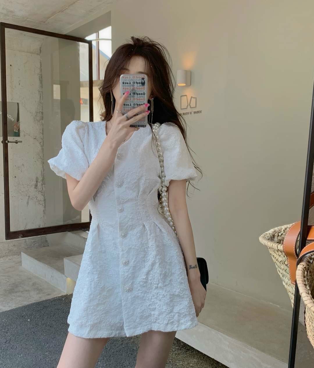 [HCM]Đầm nữ cổ V họa tiết dập nổi thanh lịch ngọt ngào phong cách thời trang hàn quốc