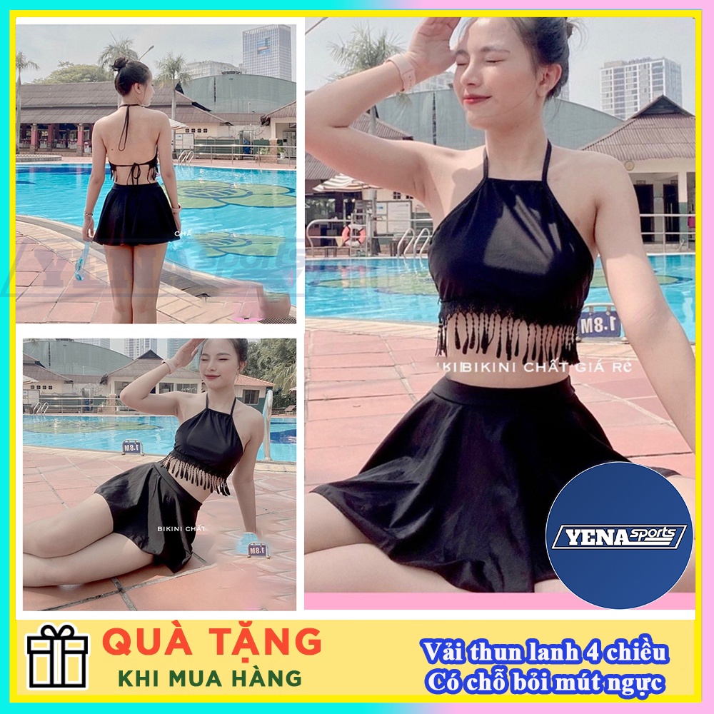 Bộ bơi nữ Bikini 2 mảnh váy lưng cao che bụng mix áo yếm tua rua baby tặng kèm mút lót ngực siêu xinh QP013