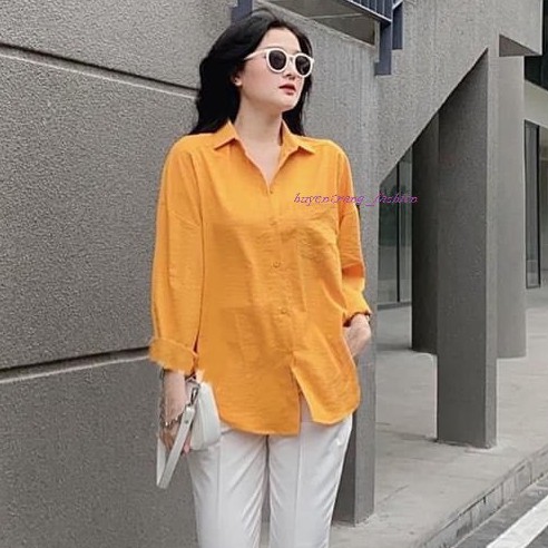 Áo sơ mi nữ dài tay vạt tôm chất đũi kiểu hàn xinh xắn