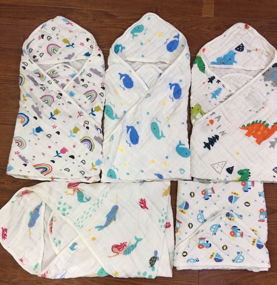 Khăn tắm, chăn ủ xô có mũ aden anai cho bé kt 75*75cm