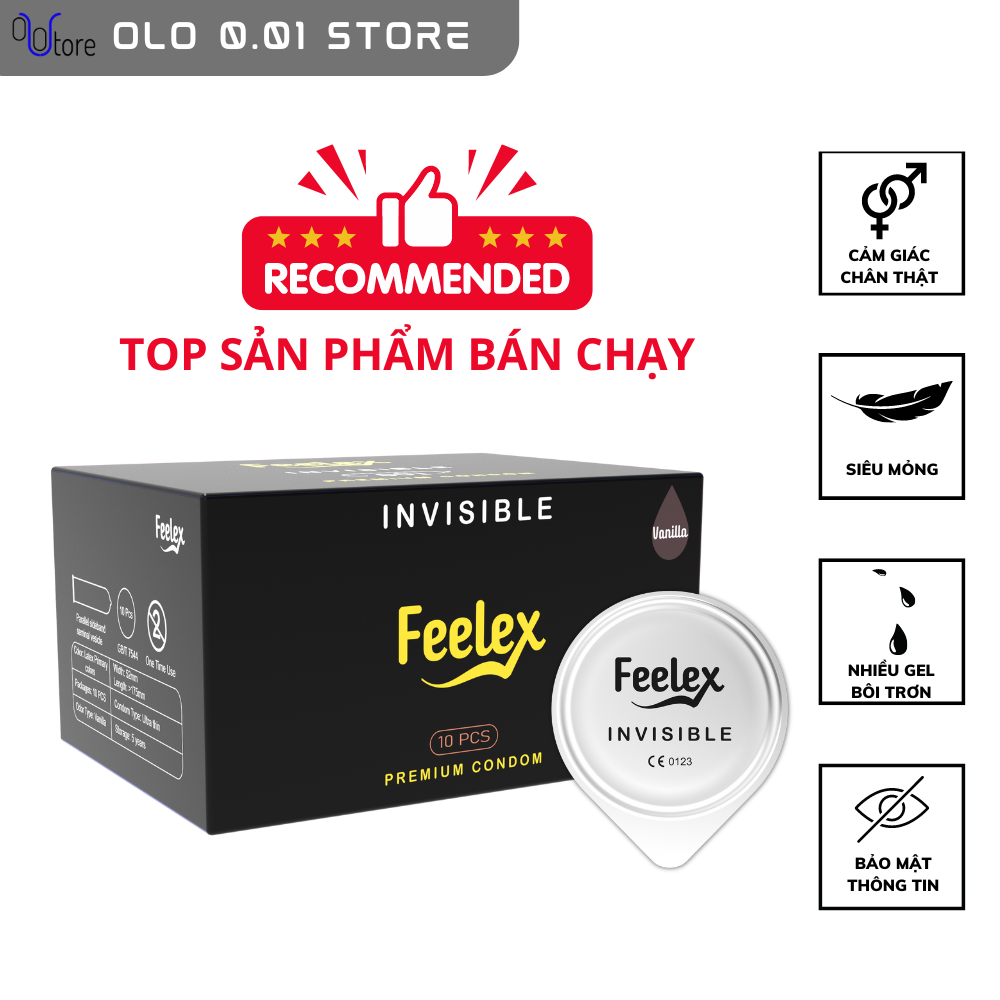 Bao cao su nam Feelex Invisible siêu mỏng nhiều gel bôi trơn - Hộp 10 bcs