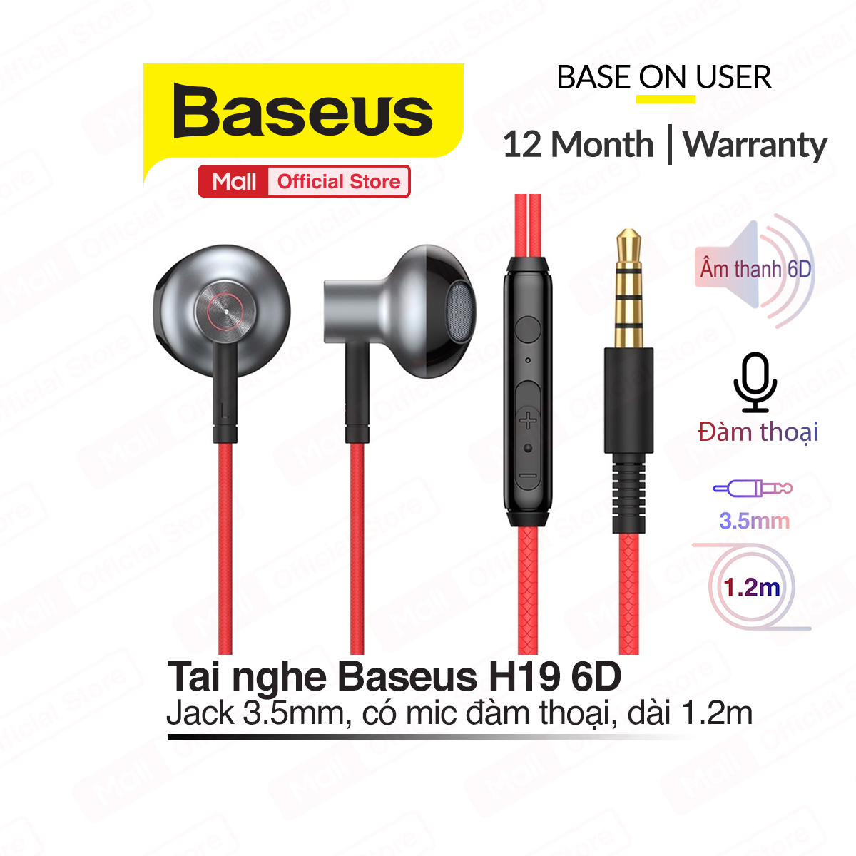 Tai nghe nhét tai Baseus H19 âm thanh 6D, cổng cắm 3.5mm, có mic đàm thoại, phím tắt tăng chỉnh âm lượng, nhựa ABS, dài 120cm