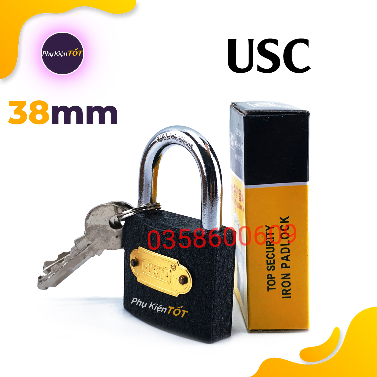 Ổ khóa 38mm usc đen top security products 33 x 37.6 x 16 mm với 3 chìa linh hoạt