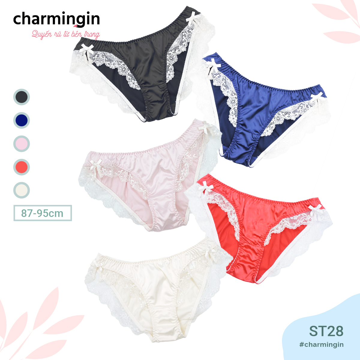 Quần lót satin lụa bóng viền ren nơ sang trọng size M - QLST0028