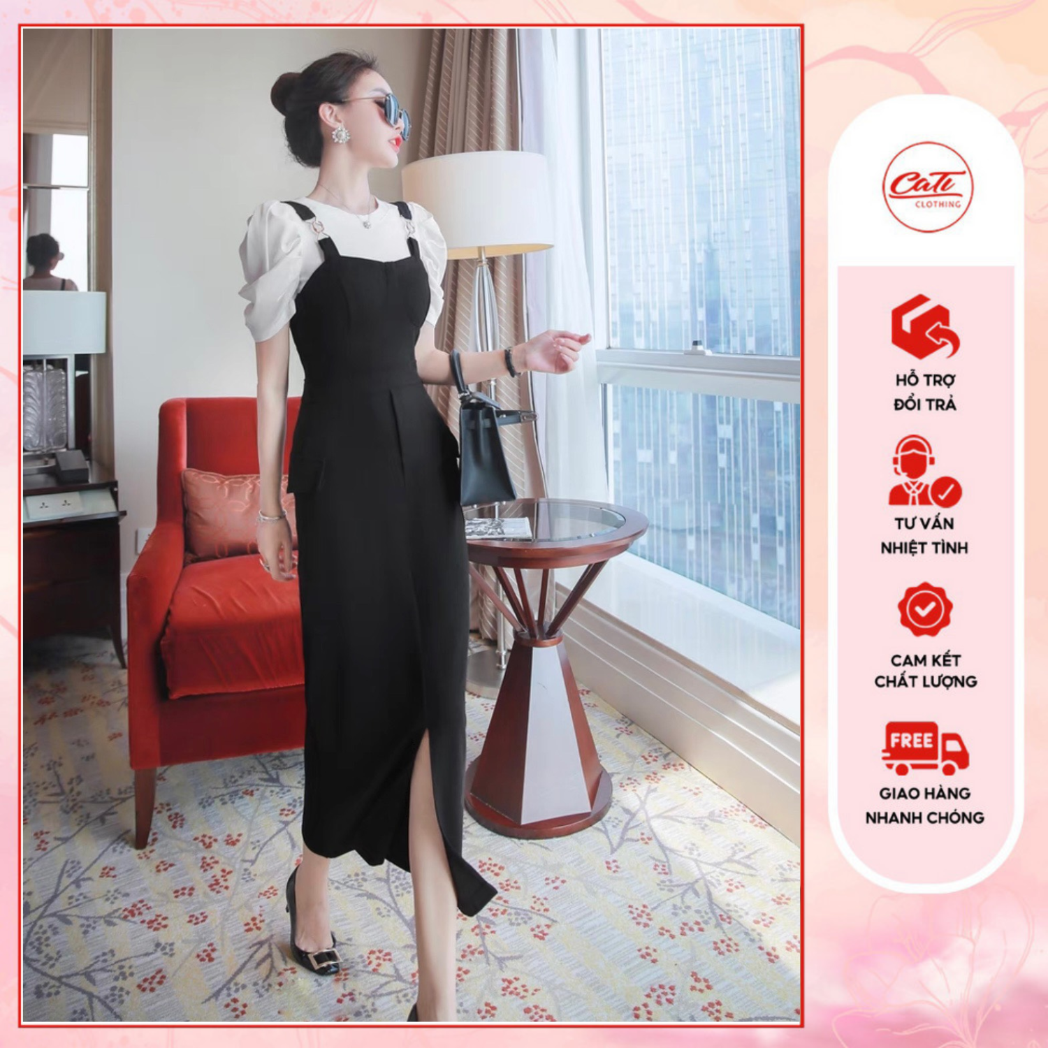 Set yếm midi + áo thun trắng phông cách trẻ trung
