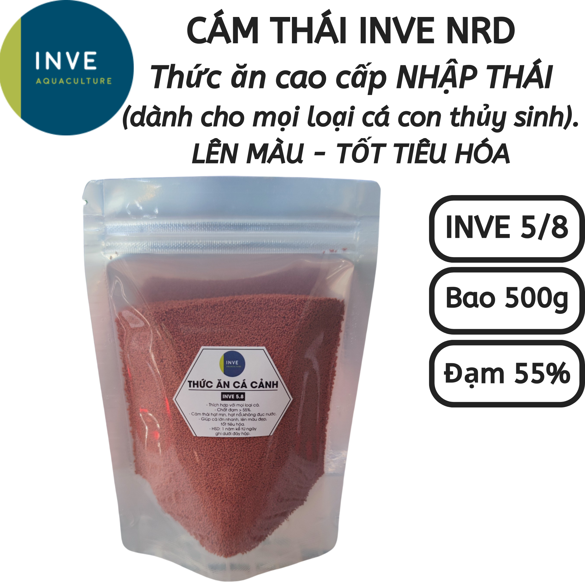 Bao 500G Cám Thái Inve 5/8 - 5.8 -  Thức ăn dành cho cá lớn, cá 7 màu, cá betta, cá thủy sinh IV58 | Hingaostore.