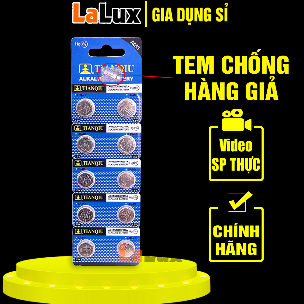 Pin Nút TianQiu AG13 / LR44H 1.5V Vỉ 10 Viên - Pin Nút Áo,Đồng Xu, Lithium, Đồng Hồ, Hàng Chất Lượng Cao, LALUX