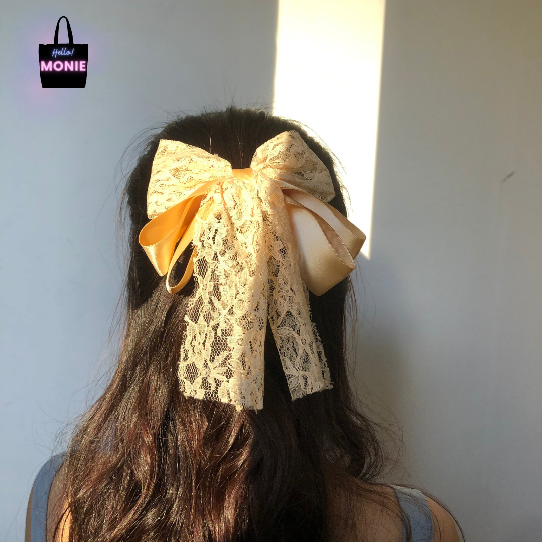 Nơ kẹp tóc lolita lụa satin phối ren Monie phong cách Hàn Quốc bản to màu trắng ngà tiểu thư, kẹp nơ to phong cách ulzzang
