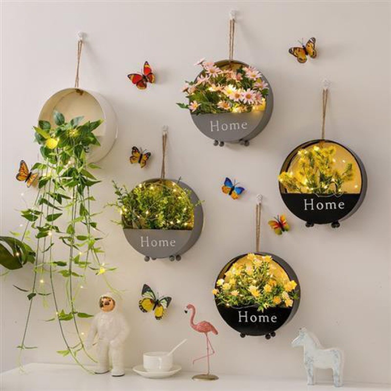 Giỏ hoa Home sắt kèm đèn led trang trí tường trang trí phòng khách xinh xắn SG MALL
