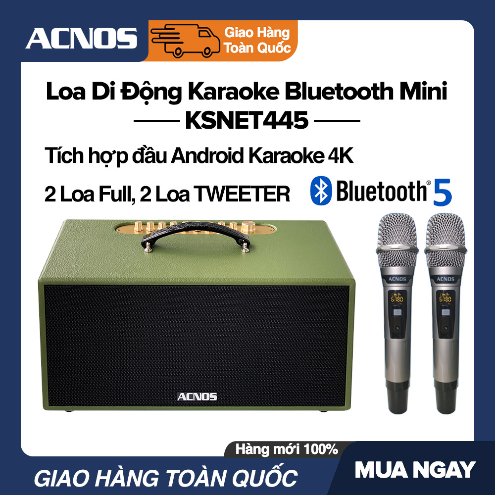 Dàn karaoke loa di động bluetooth mini acnos kbeatbox ksnet445 - remote giọng nói 2 mic đi kèm bluetooth 5.0 vỏ gỗ bọc da xanh tích hợp đầu android karaoke 4k - bảo hành 12 tháng