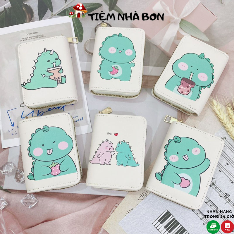 Ví nữ mini cầm tay nhiều ngăn hình khủng long dễ thương, Ví ngắn mini gấp gọn khóa kéo tiện dụng