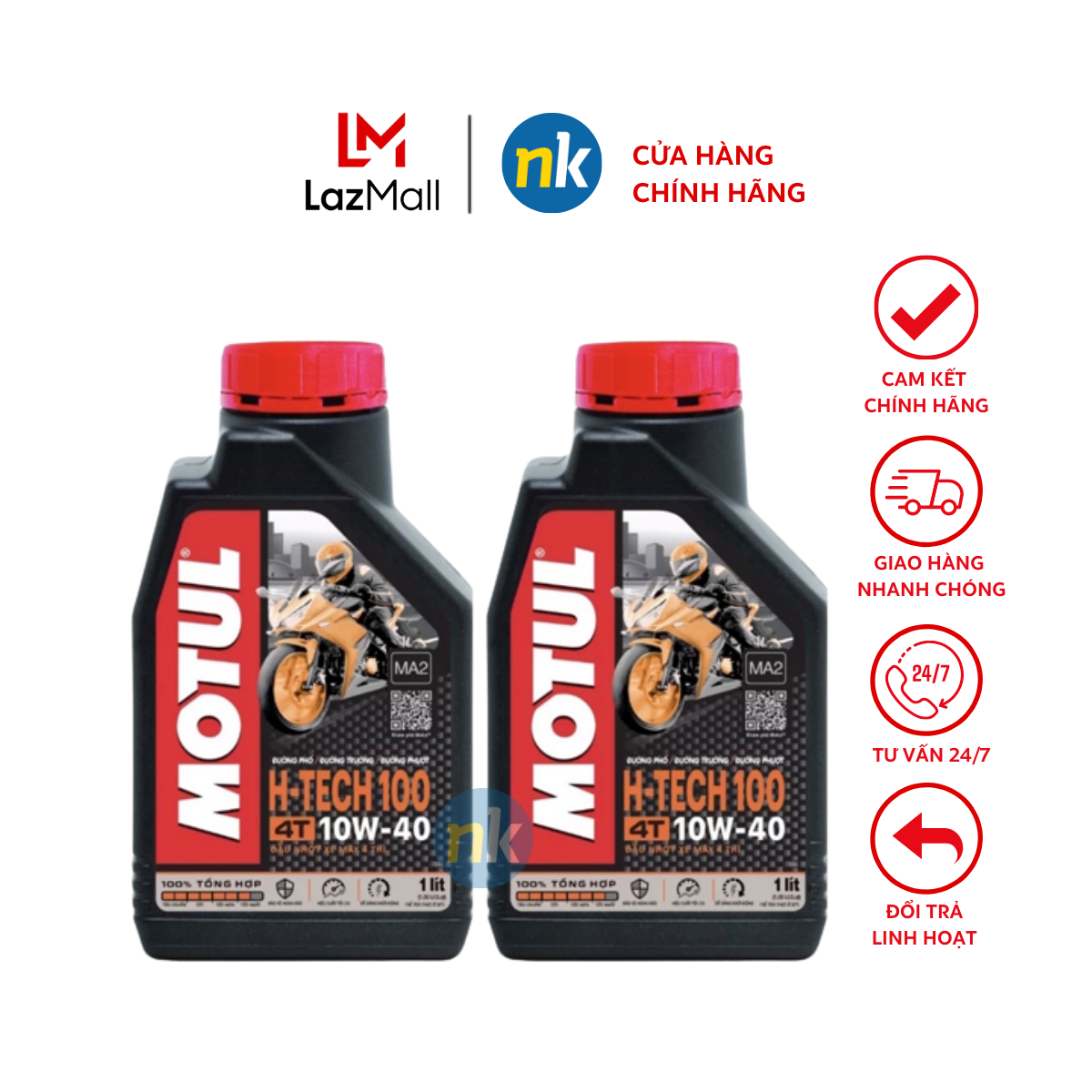 Combo 2 chai Motul H-Tech 10W40 1L API SN tổng hợp 100% - Nhớt xe máy số, mô tô PKL