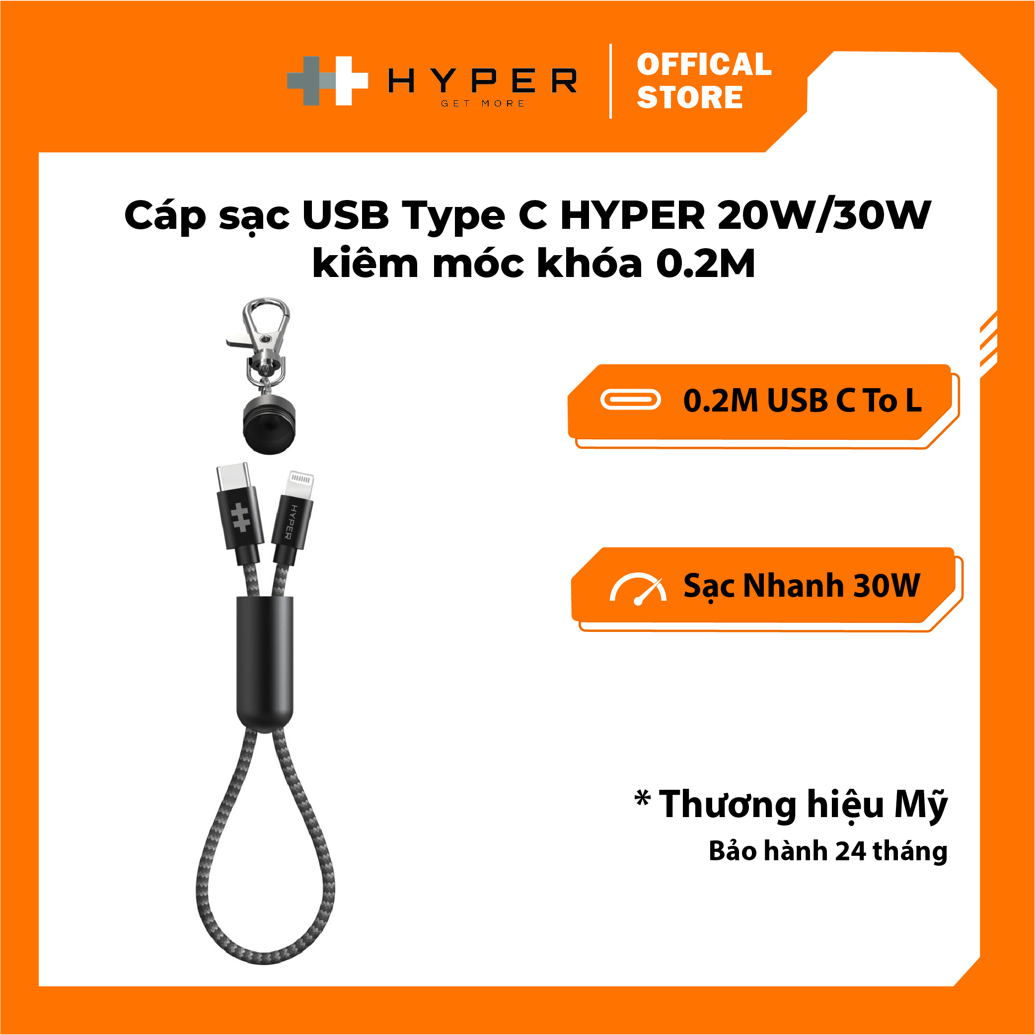 Cáp c to lightning 30w hyperdrive keychain 0.2m mfi iphone/ipad - hd-clm302 - hàng chính hãng