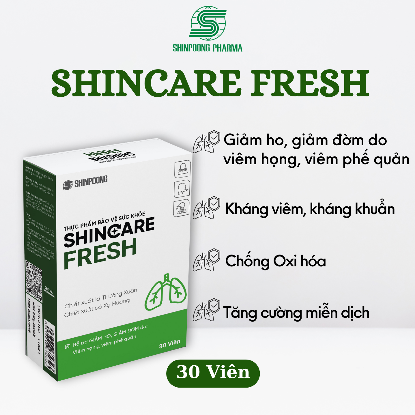 (Hộp 30V) Viên Uống SHINCARE FRESH Hỗ Trợ Giảm Ho, Giảm Đờm Do Viêm Họng, Viêm Phế Quản - SHINPOONG PHARMA