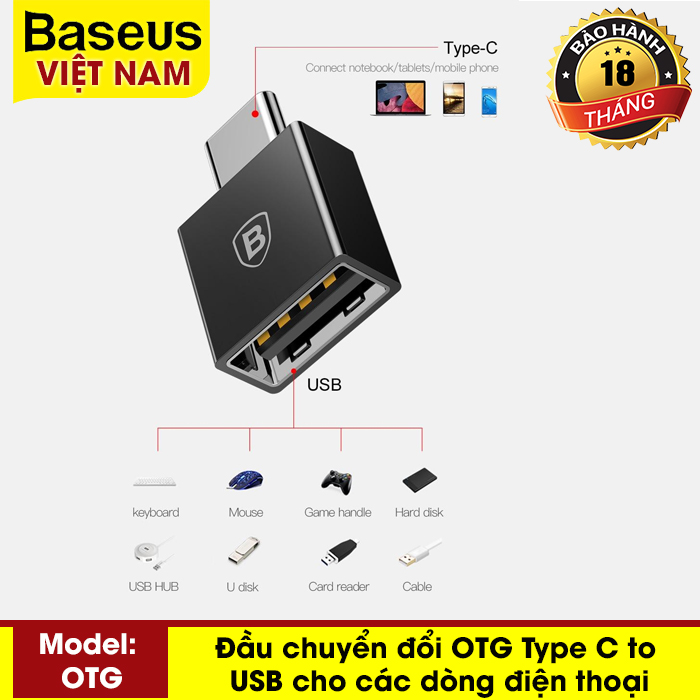 Cáp chuyển Type C đa năng sang USB 2.4A  hãng Baseus Cho iPhone Samsung Xiaomi Huawei OTG