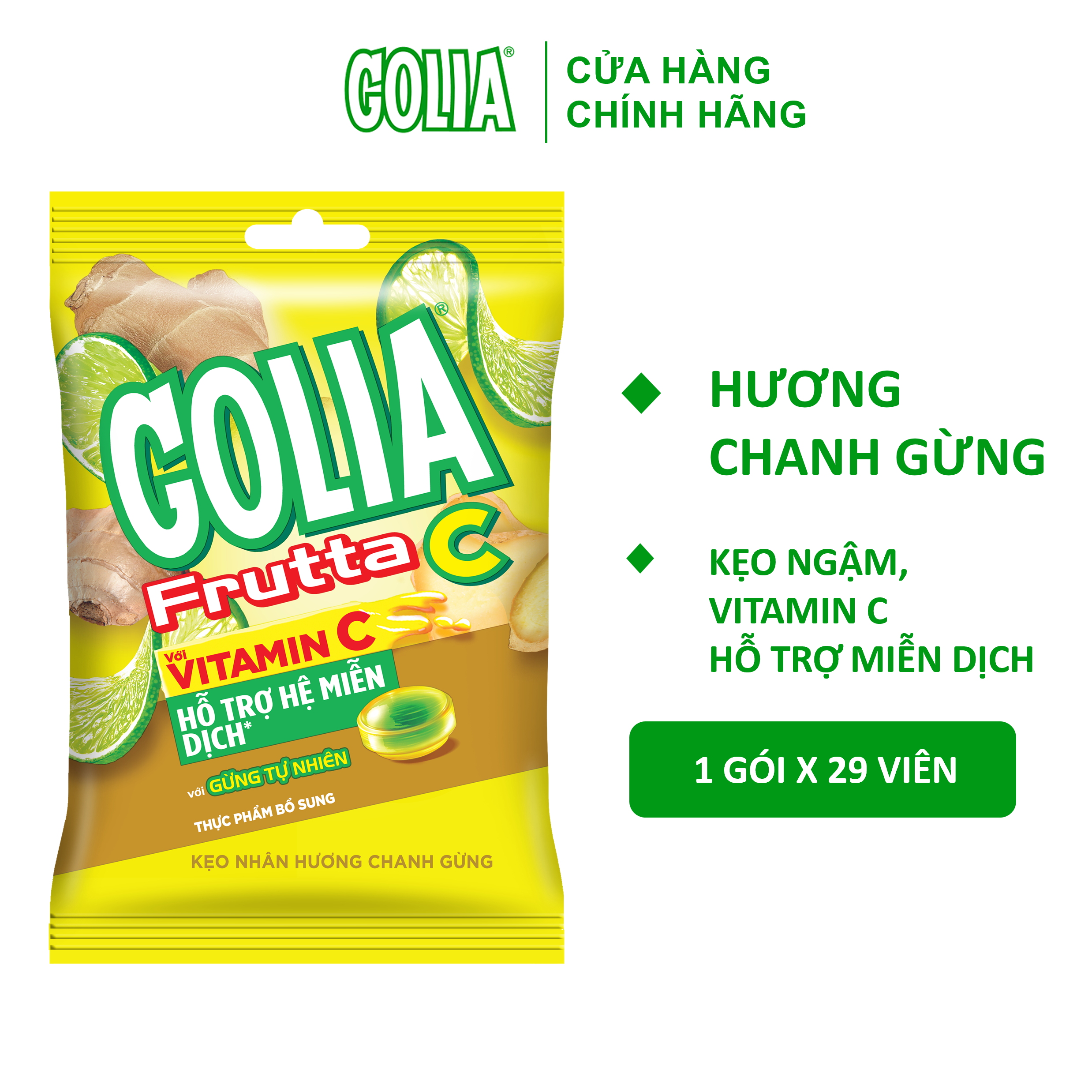 Kẹo Nhân Hương Chanh Gừng Vitamin C Golia Frutta C Gói 95.7 g