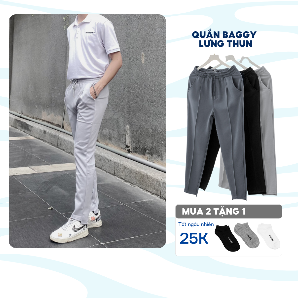 Quần baggy lưng chun nam BAMIHOME baggy nam polyester xếp ly QBG01