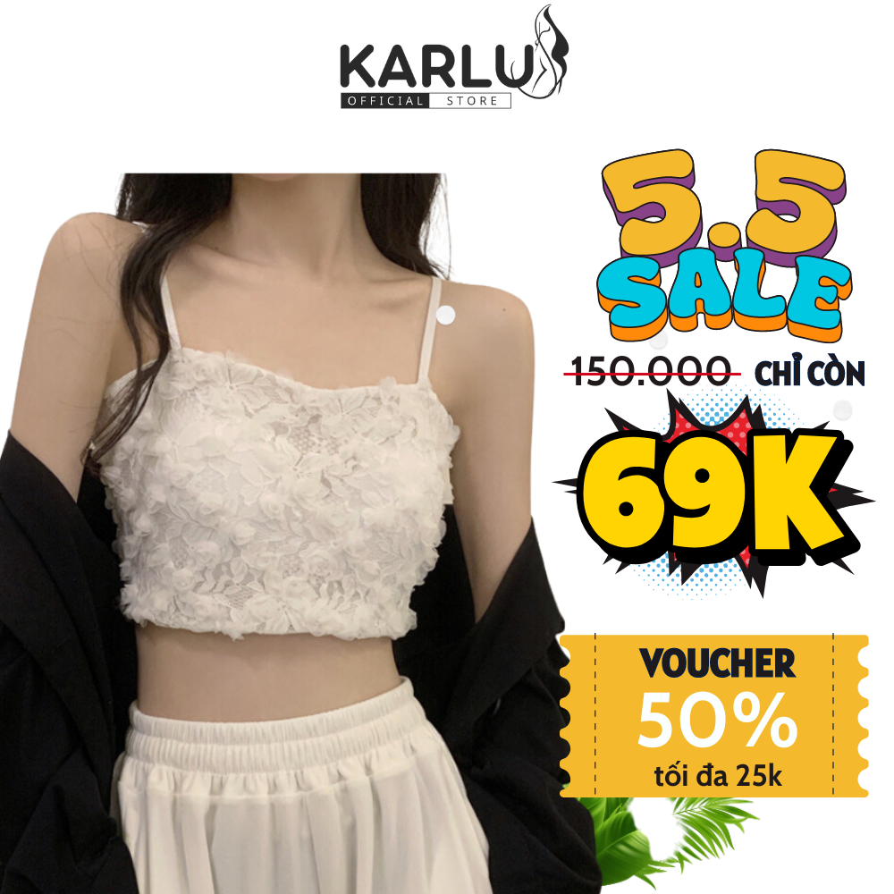 Áo 2 dây ren hoa hồng nhí, áo bra croptop có mút đệm karlus029