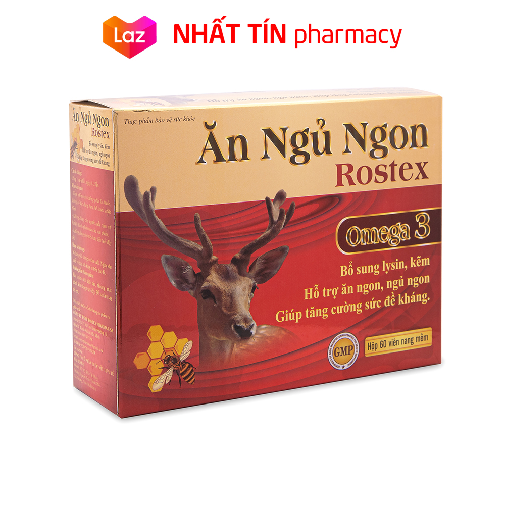 Viên Ăn Ngủ Ngon Rostex loại bỏ mất ngủ căng thẳng stress - Hộp 60 viên bổ sung omega 3 lysin kẽm
