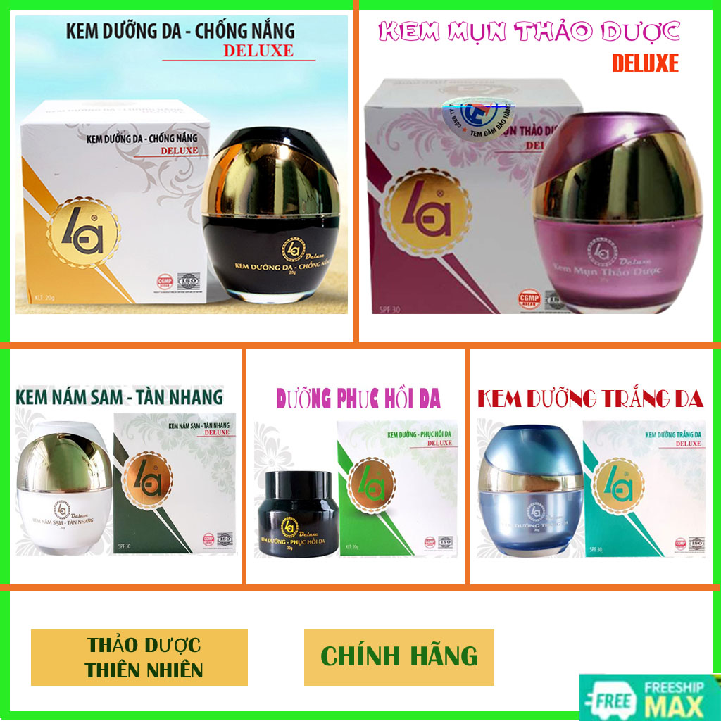 Kem Dưỡng da Deluxe LA đủ loại - Dưỡng phục hồi da - Dưỡng trắng da - Nám sạm tàn nhang -Mụn thảo dược - Dưỡng trắng da Chống nắng - Mỹ phẩm cao cấp - Thảo dược thiên nhiên - Chính hãng Gia Bảo