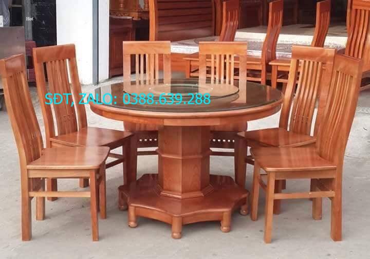 bộ bàn ghế ăn gỗ sồi nga bàn tròn kính xoay 6 ghế .