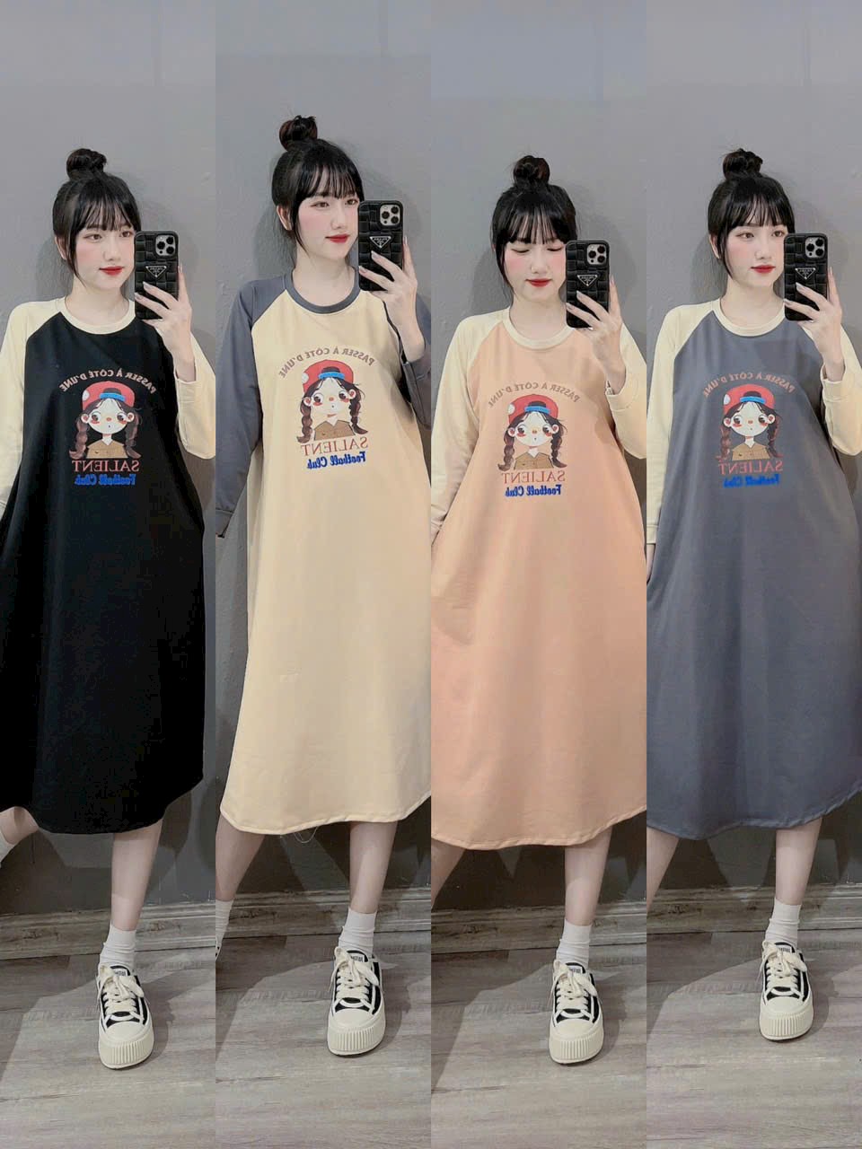 Váy suông nữ , đầm suông , đầm bầu dài tay cổ tròn form rộng vải nỉ da cá hoạt hình