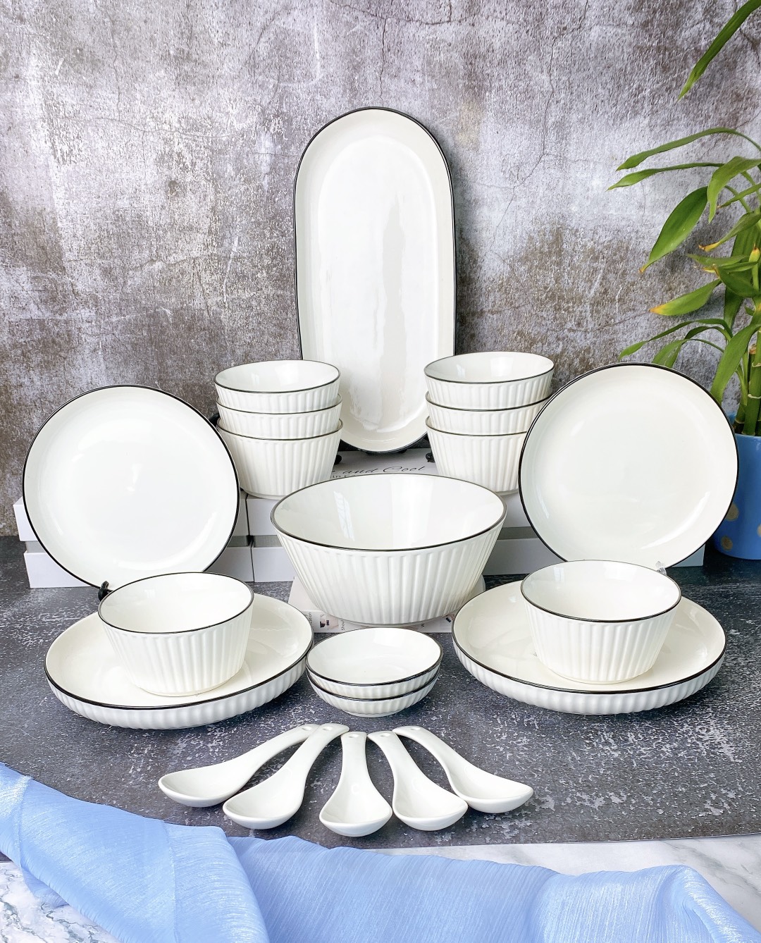 Bộ bát đĩa sứ, bộ bát ăn trắng viền đen vuông cao cấp, bát đĩa decor phong cách nhật bản