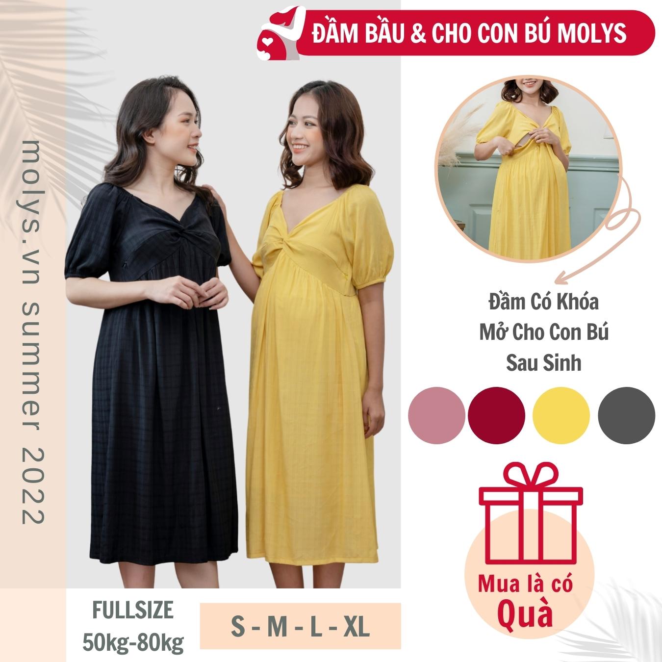 Đầm bầu kết hợp cho con bú sau sinh sau sinh cho con bú MOLYS M2311 xoắn ngực trẻ trung