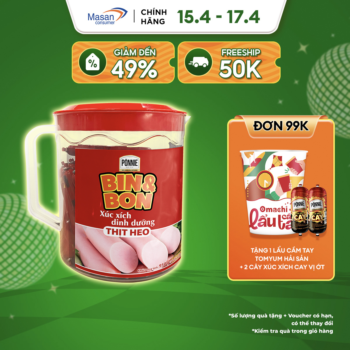 [20H 3-6.4 VC 18% CHO ĐƠN TỪ 199K] Xúc xích dinh dưỡng thịt heo Ponnie Bin&Bon, ca 19gr