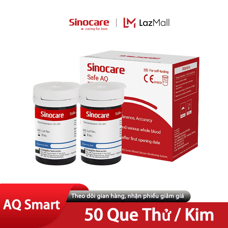 Sinocare que thử đường huyết safe aq smart hộp 50 que thử tặng kèm 50 kim