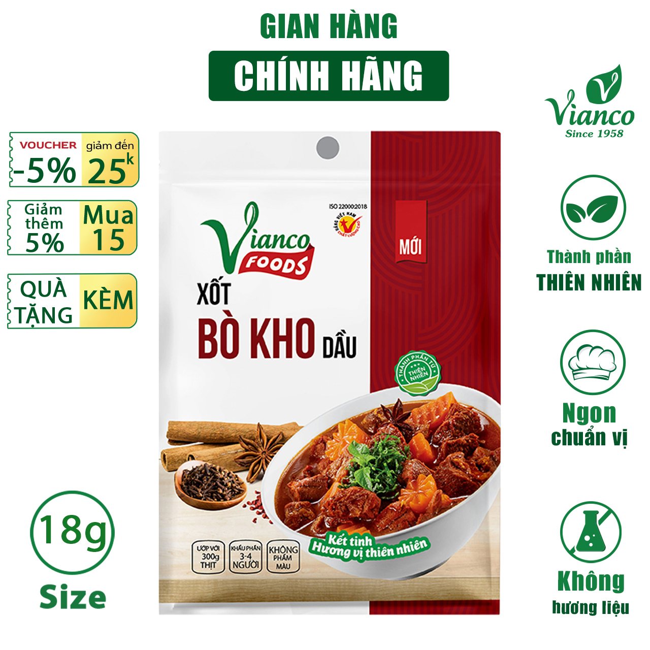 Combo 3 gói Sốt nấu Bò Kho Vianco gói 18g gia vị nêm sẵn chuẩn vị không cần nêm nếm - Gia vị Việt Ấn
