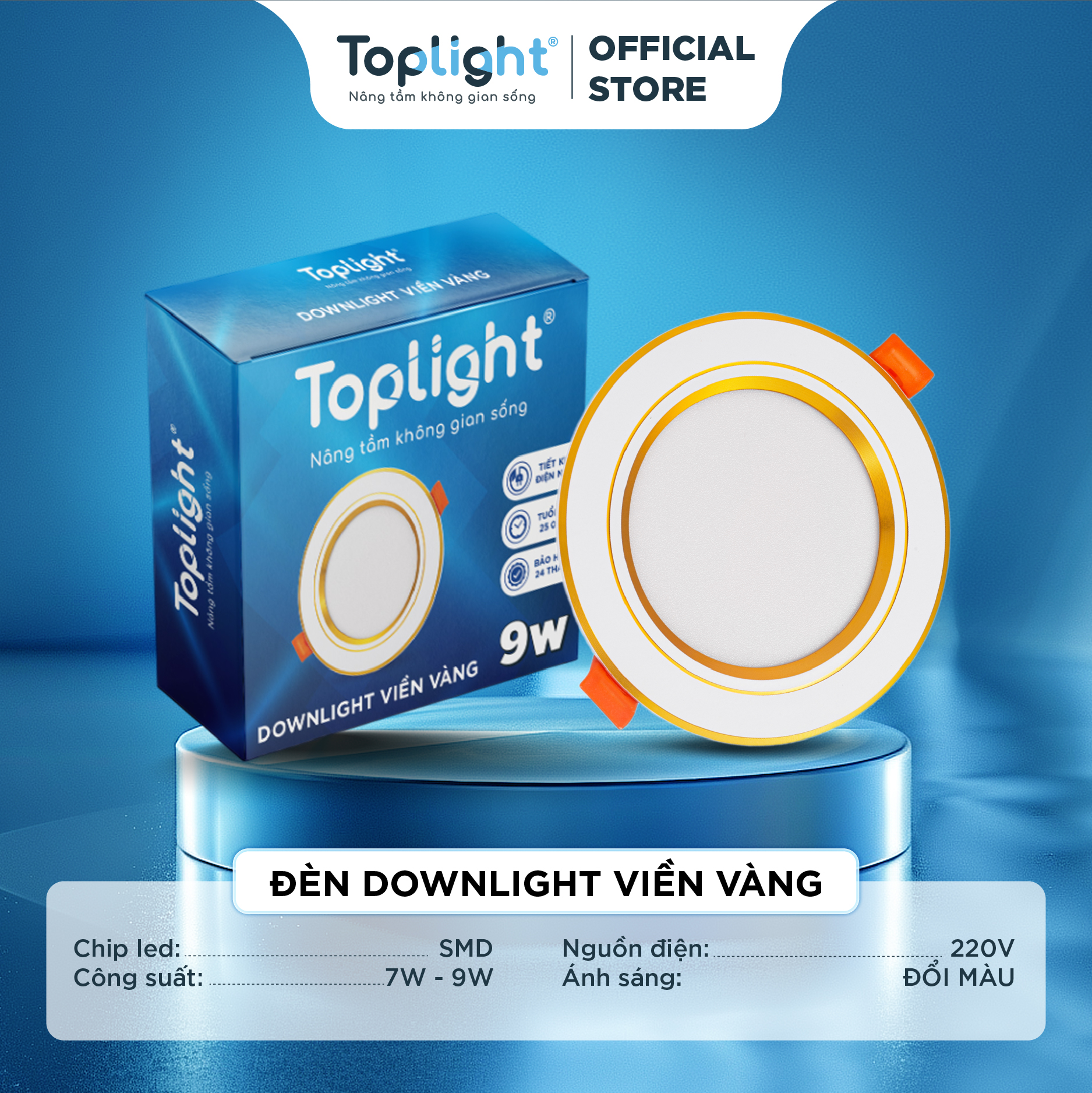 ĐÈN DOWNLIGHT 3 MÀU VIỀN VÀNG- ĐĨA MẮT SMD CHÍNH HÃNG TOPLIGHT