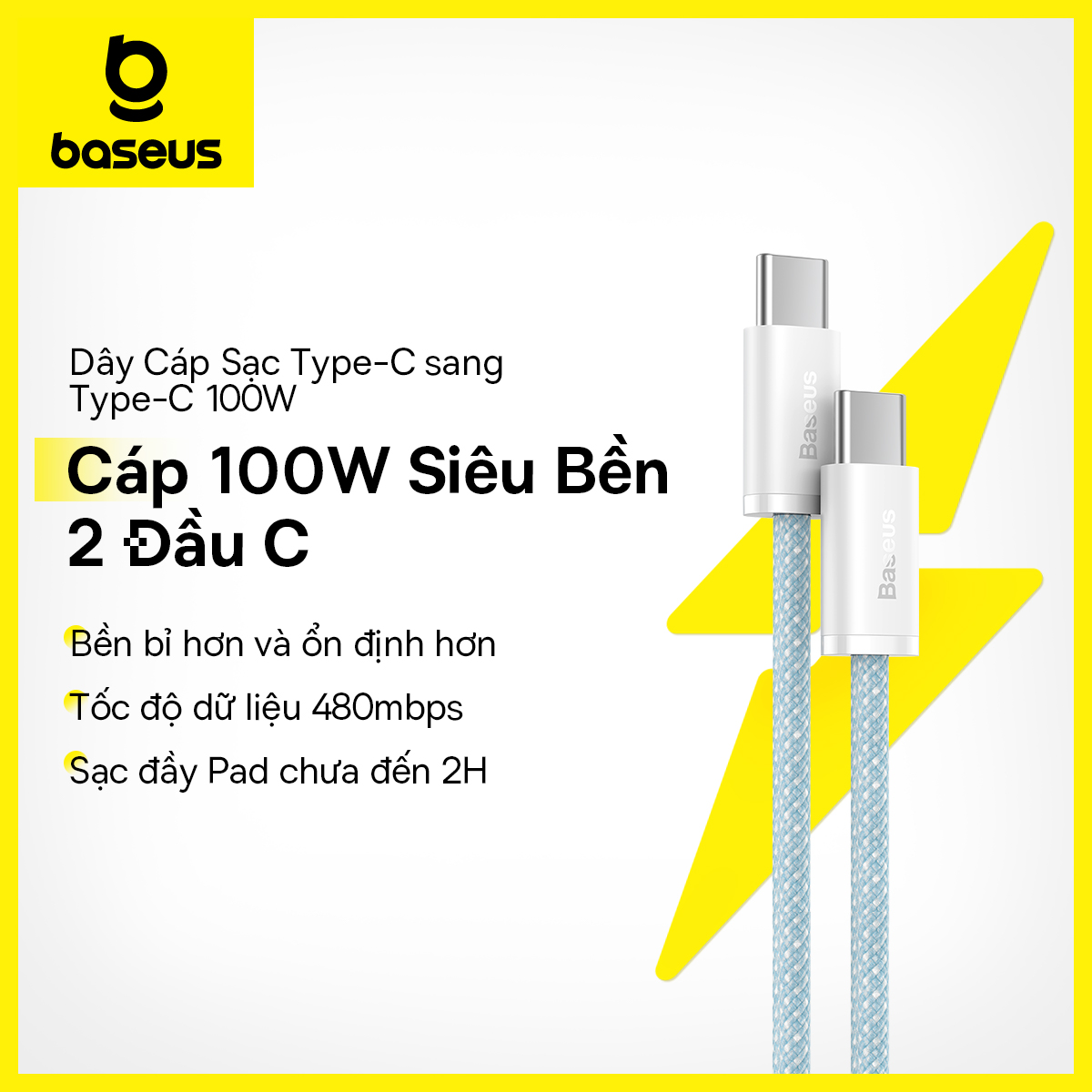 Dây cáp sạc nhanh PD Baseus 100W từ Type-C sang Type-C tiện dụng cho iP 15 Mac Pro iPad Xiaomi Samsung S23