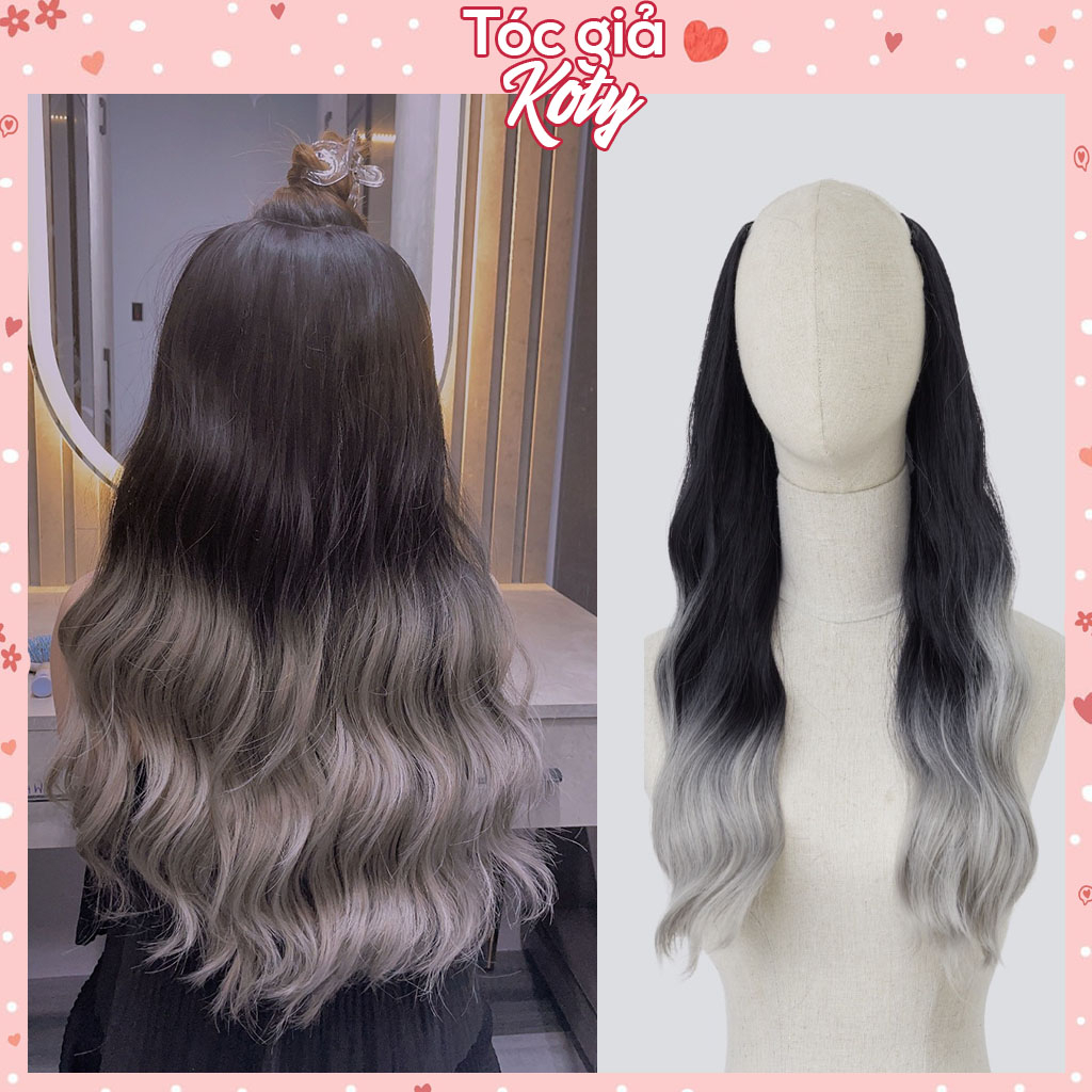 Tóc giả chữ u Ombre xám khói dài xoăn cho nữ shop Koty, tóc giả u nửa đầu cao cấp TG608